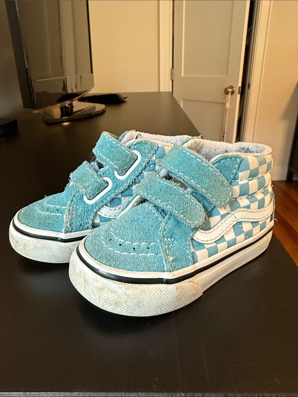Vans Kids Teal Checkerboard Mid-Top Velcro Sneakers